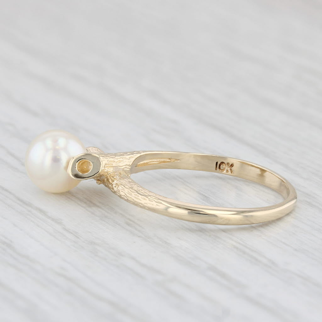 Cultured Pearl Solitaire Ring 10k Yellow Gold Size 6.25 Woodgrain Etched Band