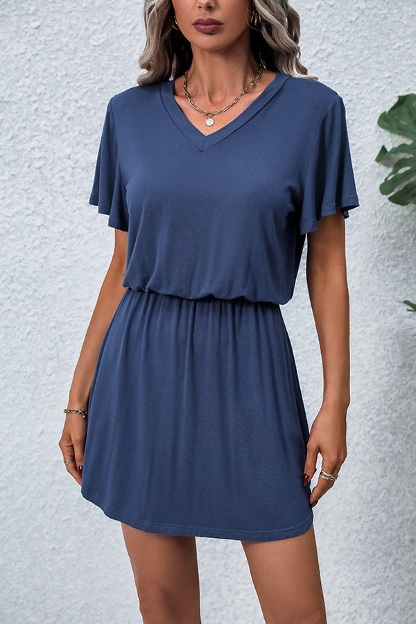 Solid Color V Neck Short Sleeve Casual Mini Dress