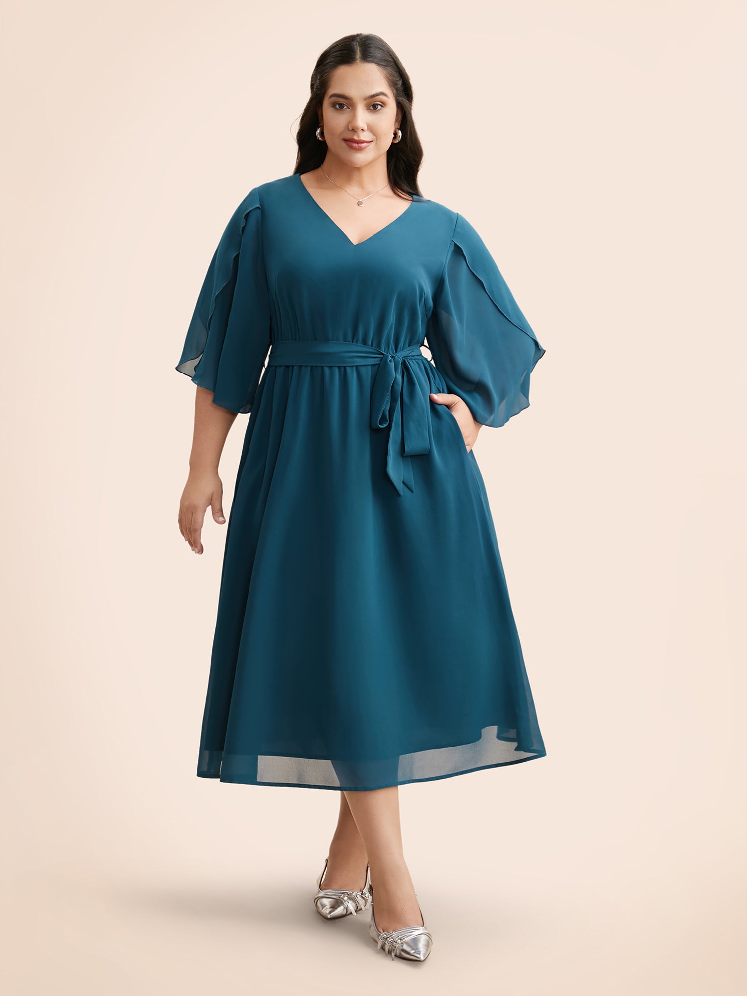 Chiffon Petal Sleeve Midi Dress