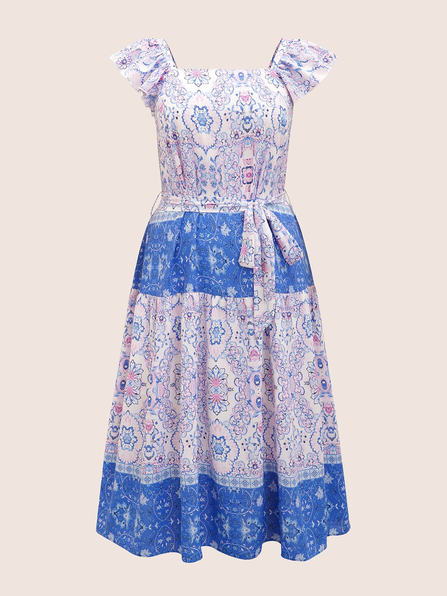 Boho Print Ruffle Sleeve Belted Midi Dress