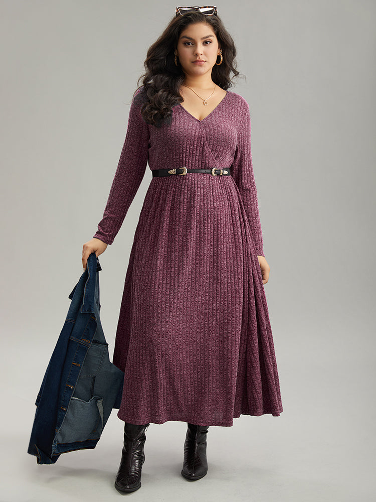 Solid Rib Knit Overlap Collar Pocket Dress