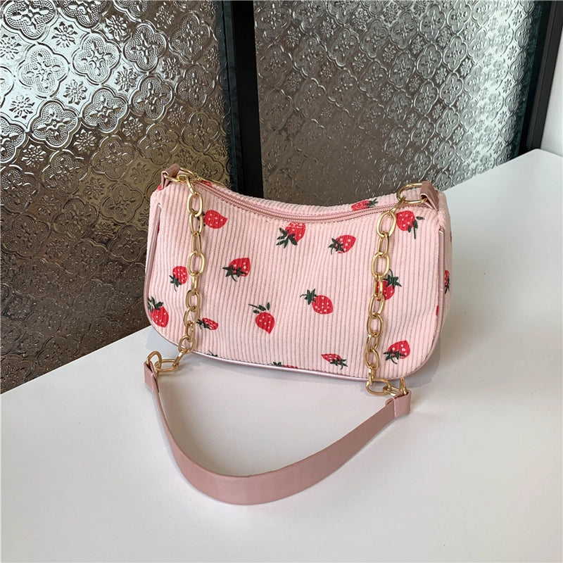 Women's Medium Corduroy Solid Color Strawberry Basic Classic Style Square Zipper Underarm Bag