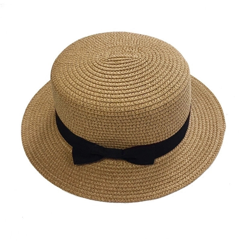 Straw Hat Shading Hat Summer Flat-brimmed Bow Straw Flat Top Hat