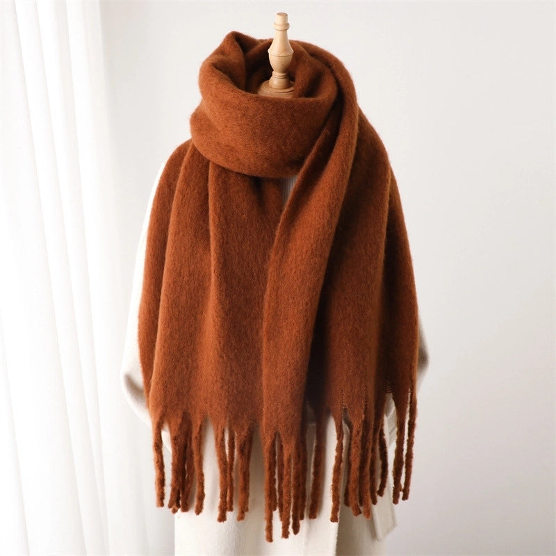 Mohair Scarf Pure Color All-matching Winter Warm Lengthened Fringe Bib Scarf Men's And Women's European And American Export Thick Scarf