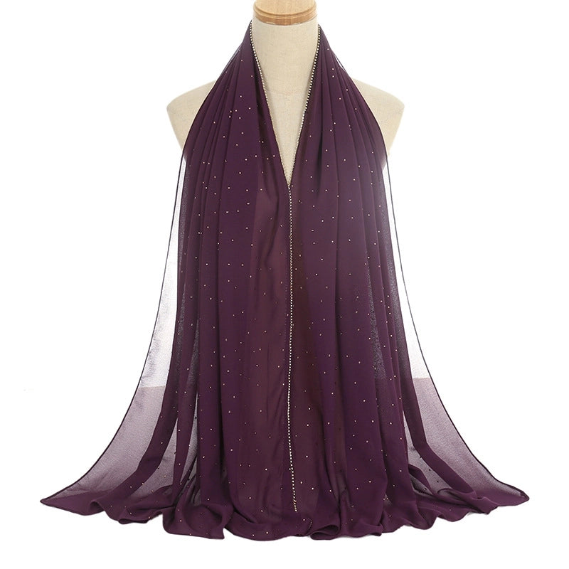 New Rhinestone Chain Pearl Chiffon Long Scarf Casual Diamond Headscarf Scarf Scarf Women's Scarf