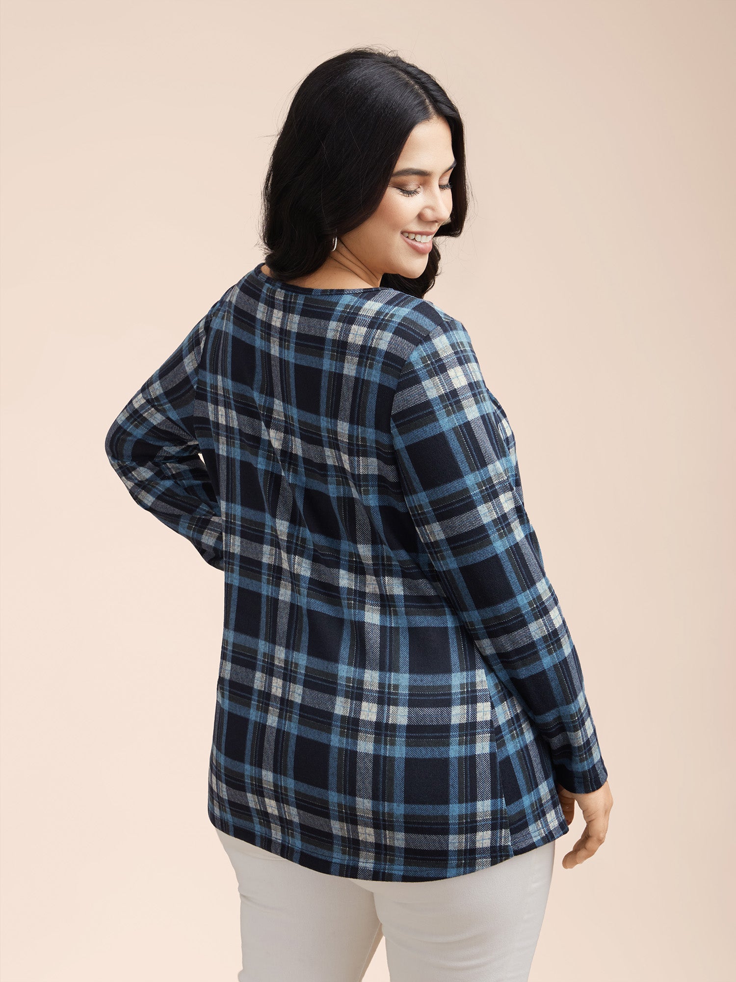 Plaid Pleated Square Neckline Knit Top