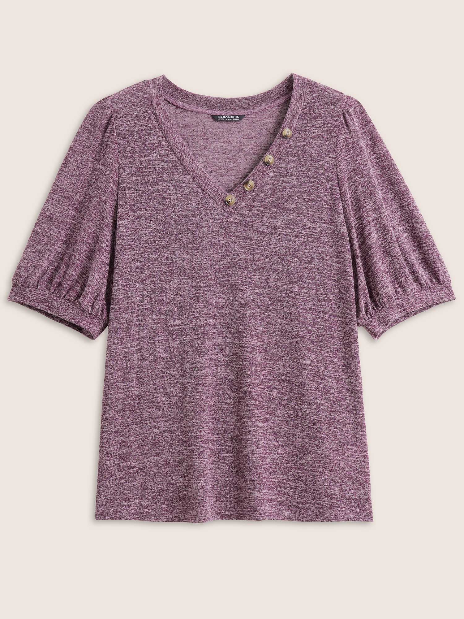 Heather Button Detail Puff Sleeve T-shirt