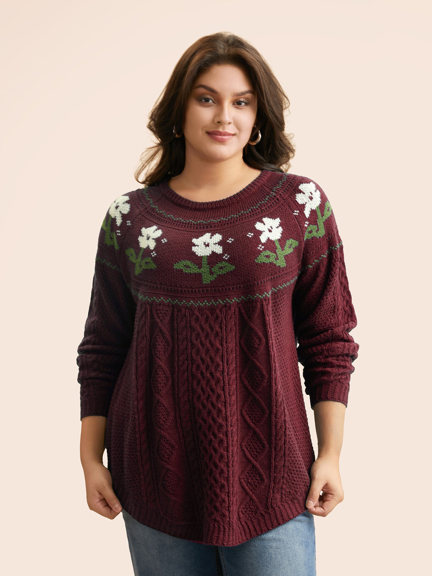 Floral Jacquard Raglan Sleeve Pullover