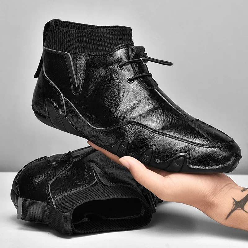 Drawato diy Men's Boots Casual motorcycle Four Season Shoes Waterproof sneakers Black Gentleman's Business shoes Ankle boots Leather mesh