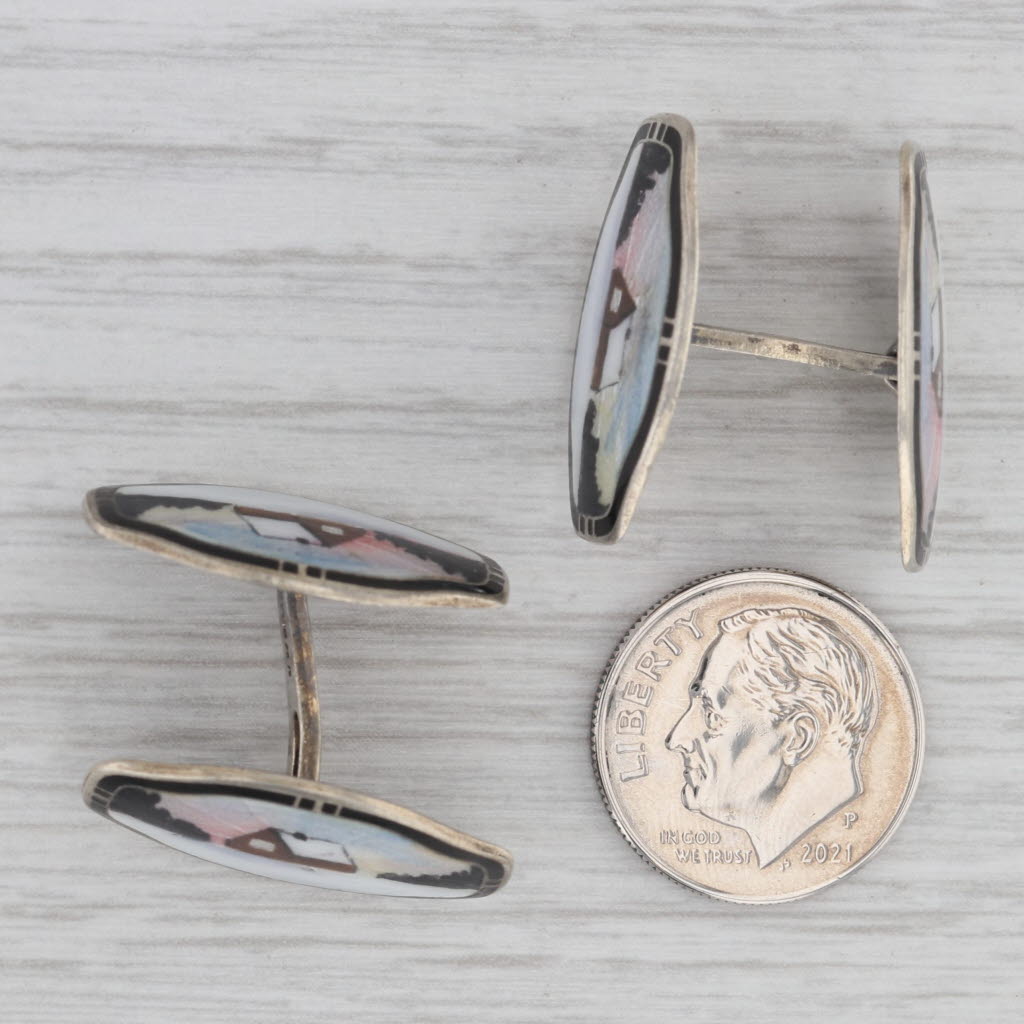 Vintage Norwegian Guilloche Enamel Farmhouse Cufflinks Sterling Silver NM Norway