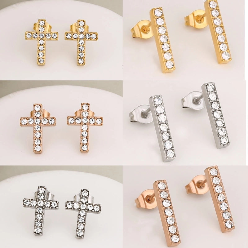 1 Set 1 Pair Luxurious Shiny Cross 304 Stainless Steel Ear Studs