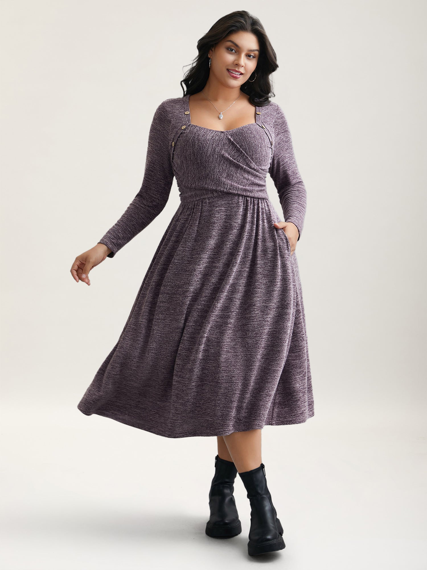 Heart Neckline Button Detailing Crossover Fit Dress