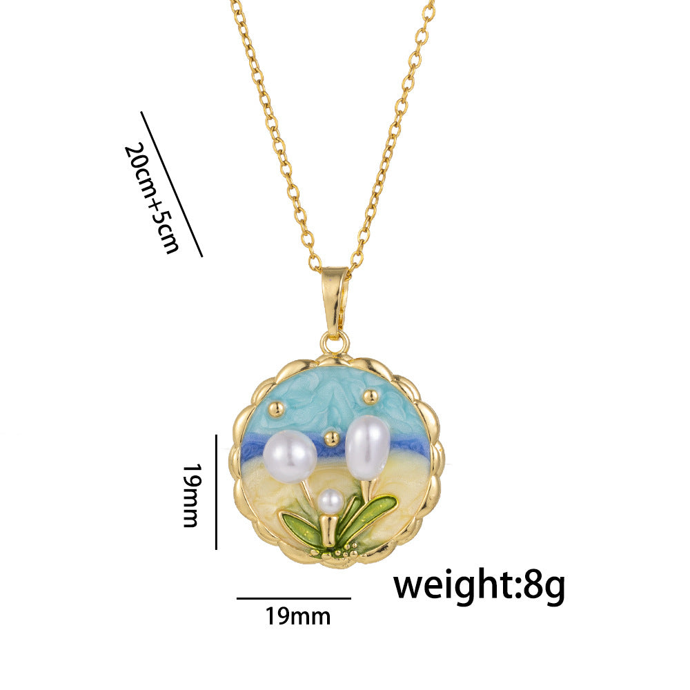 Retro Oil Drop Baroque Freshwater Pearl Enamel High-Grade Painted Flower Pendant Necklace