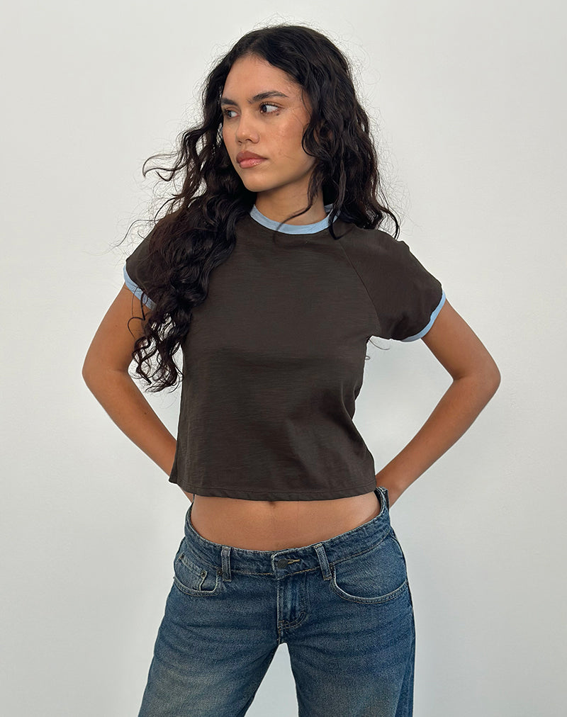 Atenga Tee in Chocolate Brown with Light Blue Binding