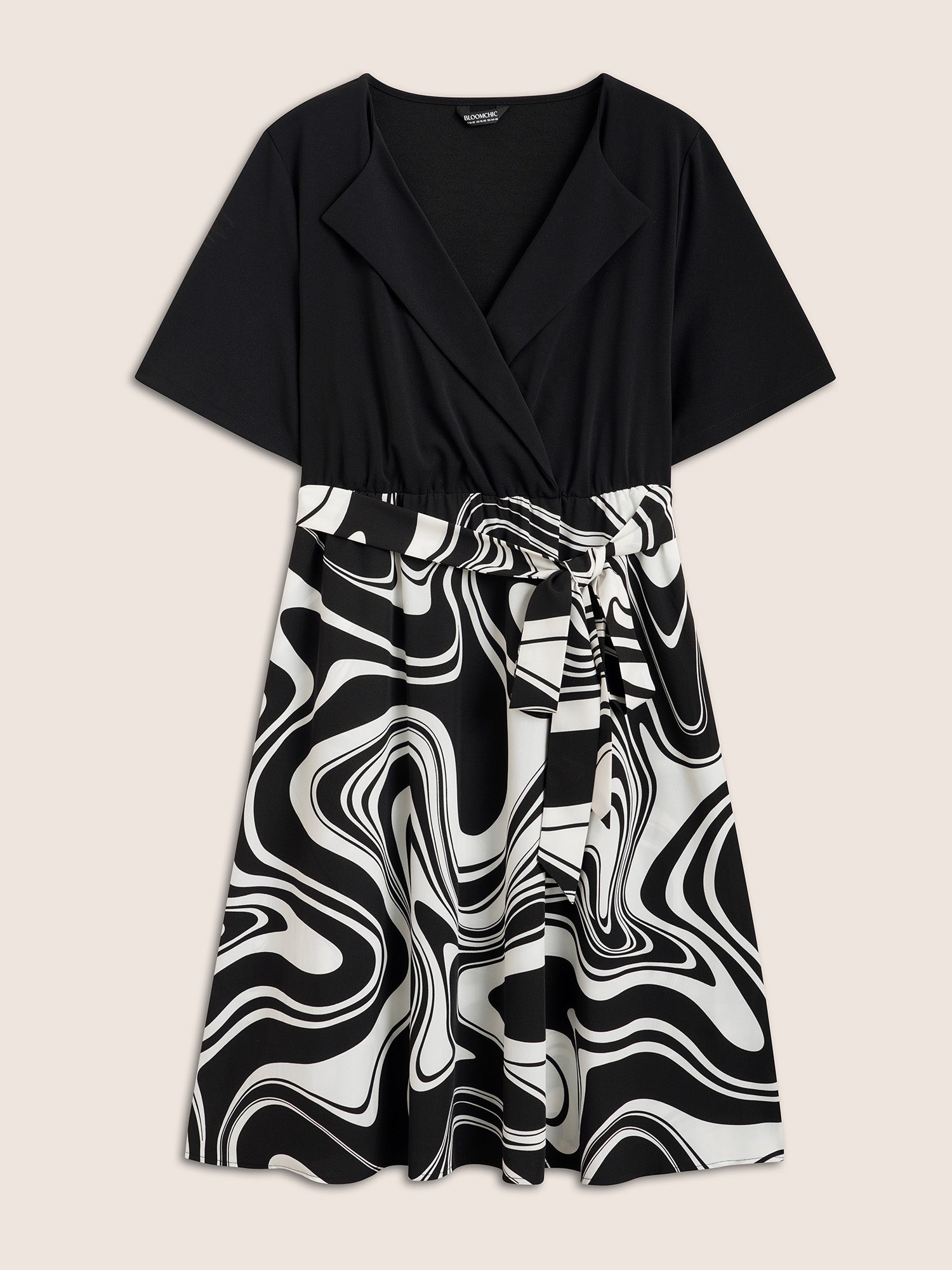 Geometric Patchwork Suit Collar Belted Dress