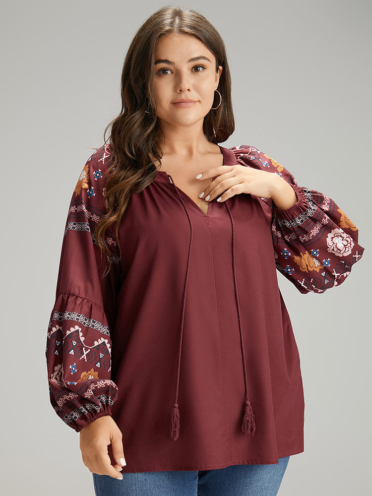 Boho Print Tie Neck Tassel Trim Blouse