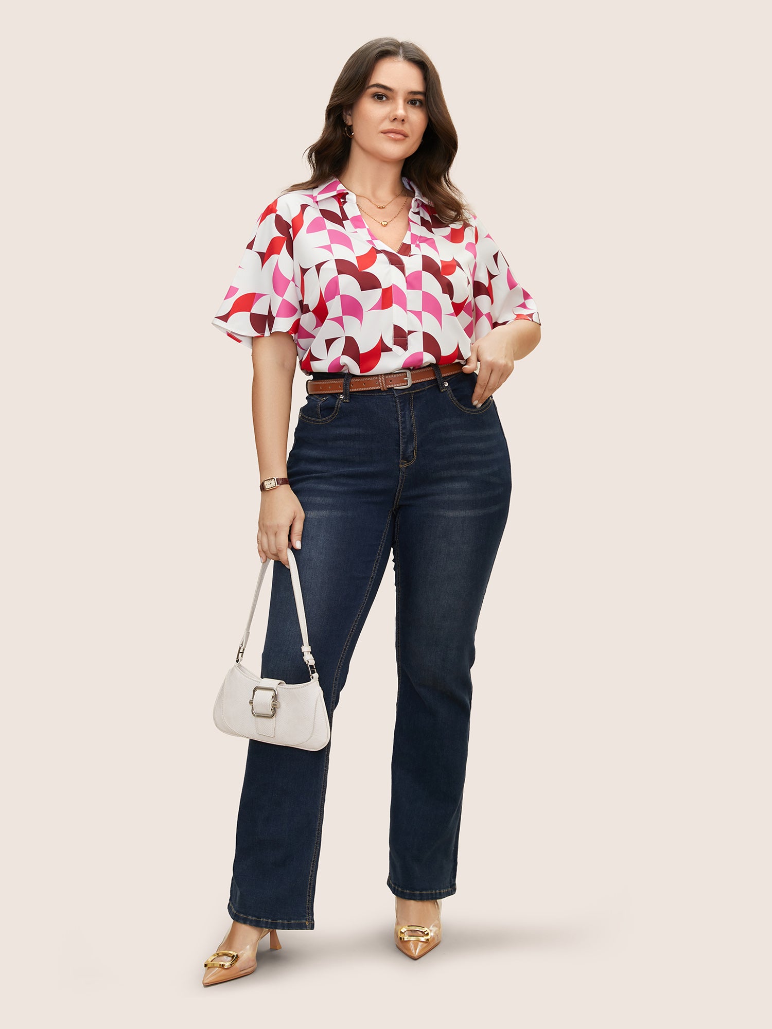 Contrast Geometric Shirt Collar Flutter Sleeve Blouse