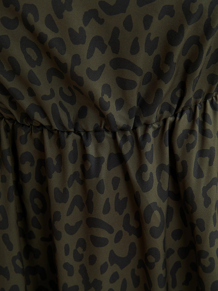 Leopard Print Square Neck Pocket Puff Sleeve Midi Dress