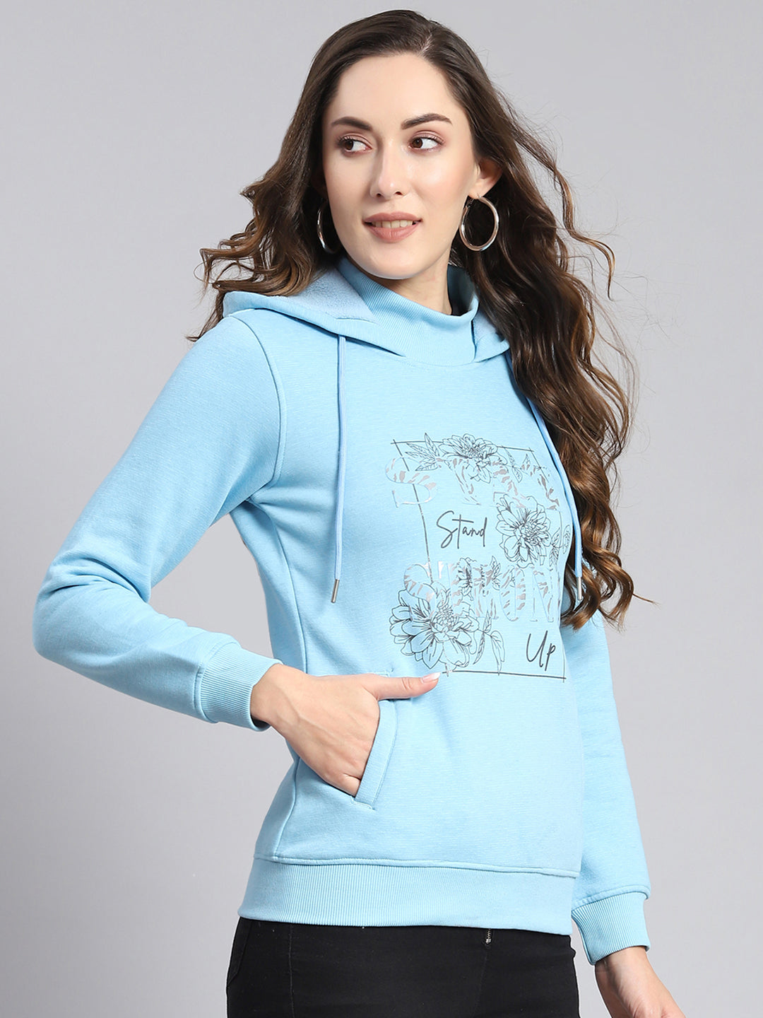 Women Blue Printed Hooded Full Sleeve Sweatshirts