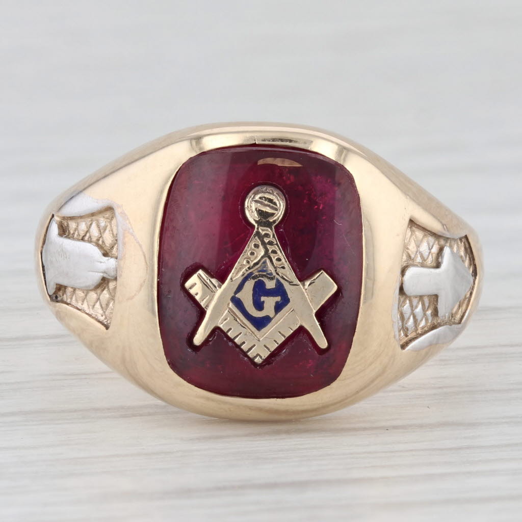 Masonic Blue Lodge Signet Ring 10k Gold Square Compass Lab Created Ruby Size 10