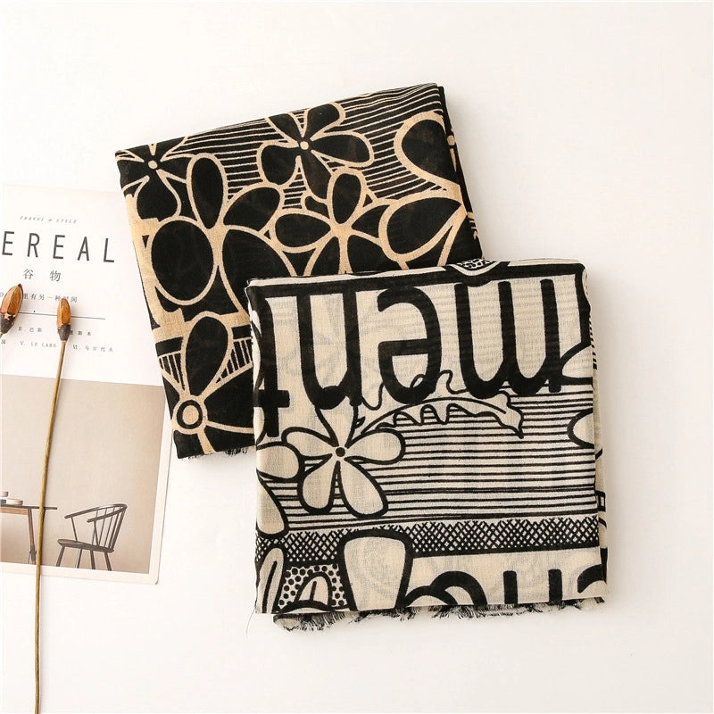 Flower Printed Cotton Linen Gauze Silk Scarf