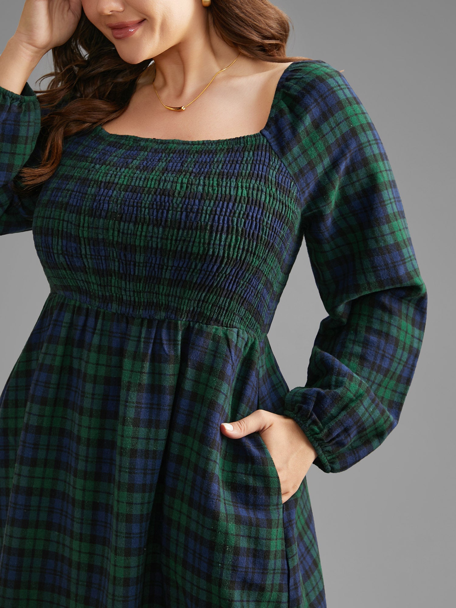 Plaid Square Neck Shirred Midi Dress
