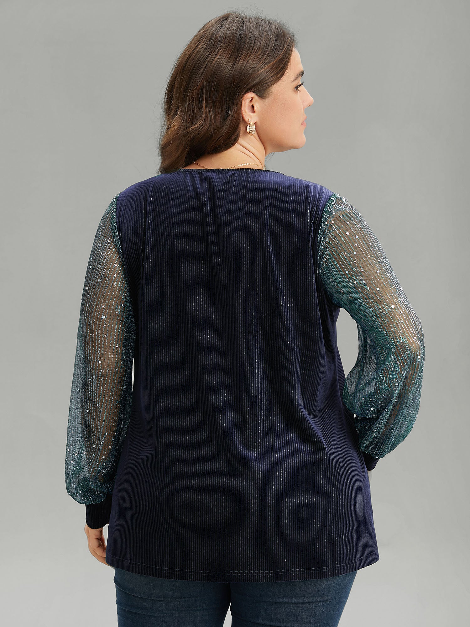 Velvet Patchwork Mesh Sequin Notched T-shirt