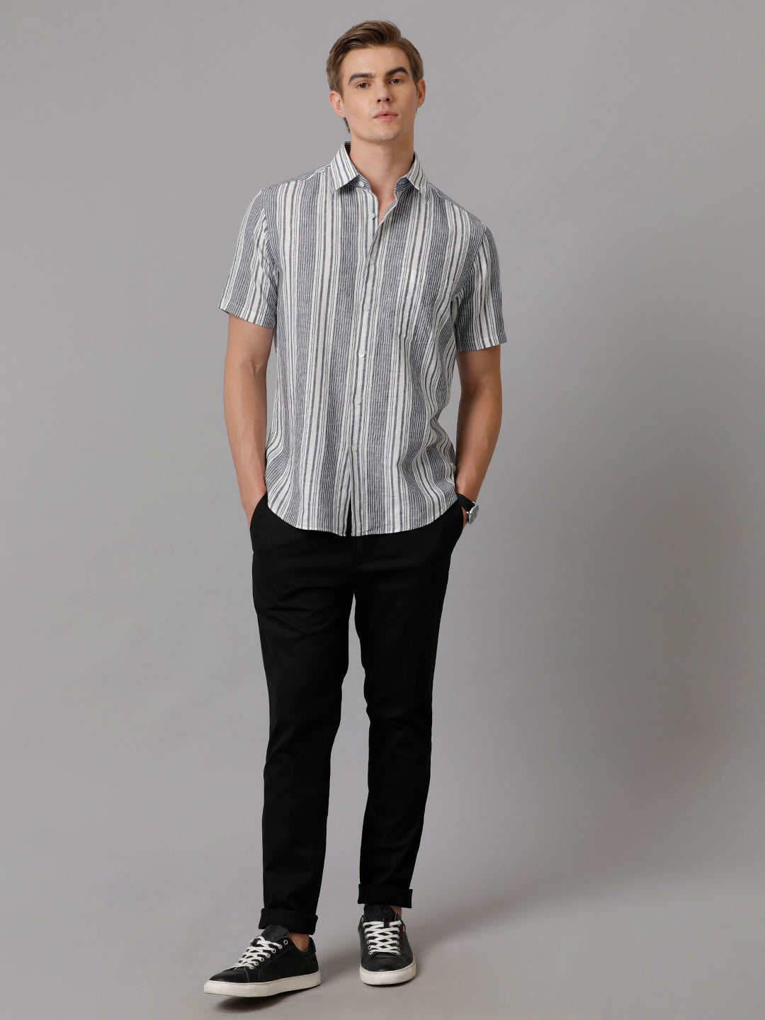 Men Striped Casual Grey Shirt (LUCIO)