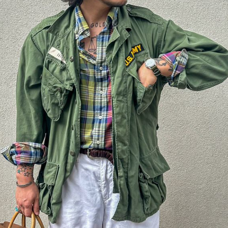 Vintage Military Olive Green Cotton Lapel Single Breasted Jacket