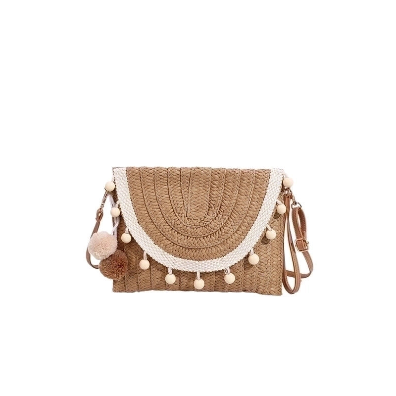 Women's Medium Straw Color Block Classic Style Square Magnetic Buckle Shoulder Bag