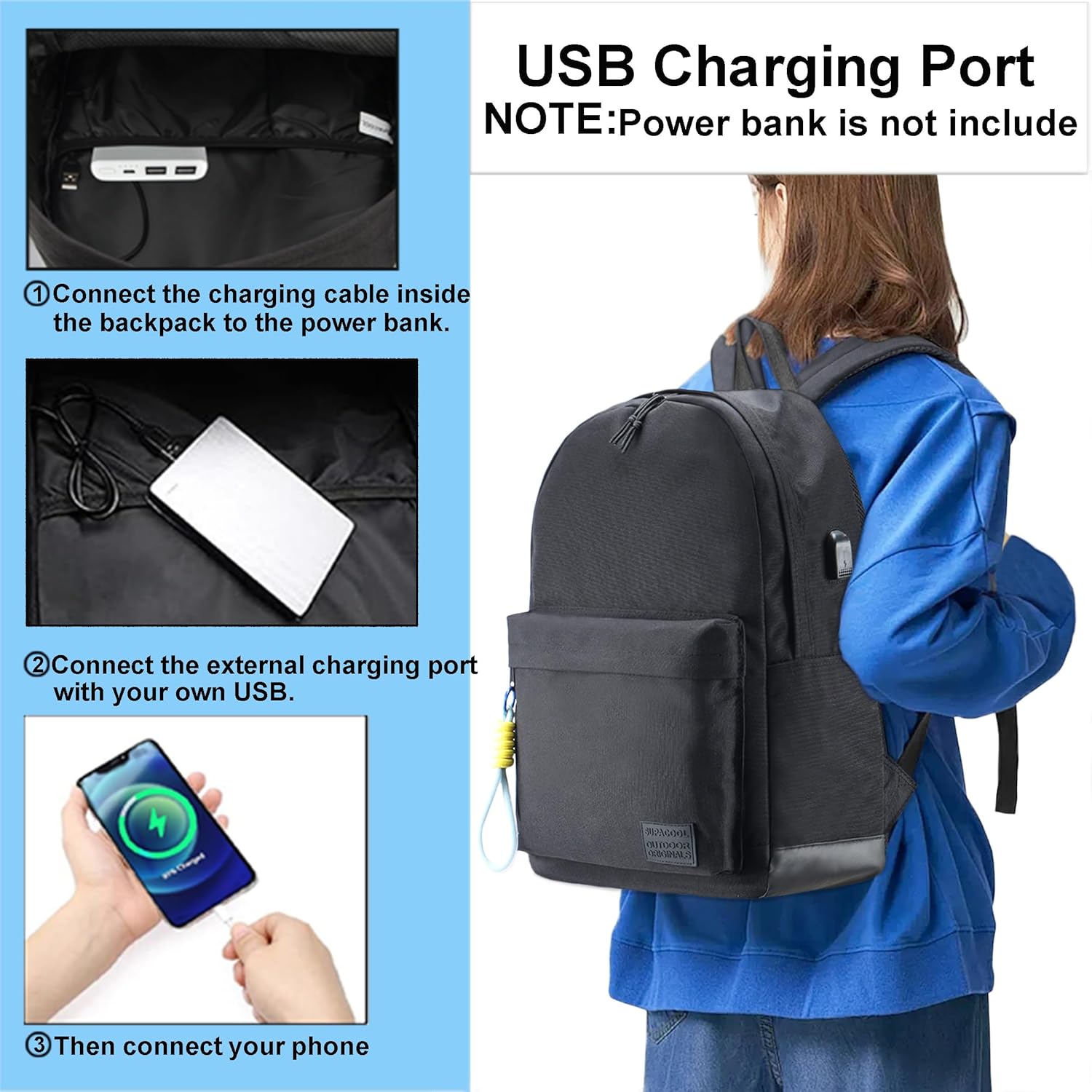 SUPACOOL Casual Laptop Backpack for Men and Women, School Backpack for Boys and Girls, College Bookbag, USB Charging Port, Lightweight Back Pack(Black)