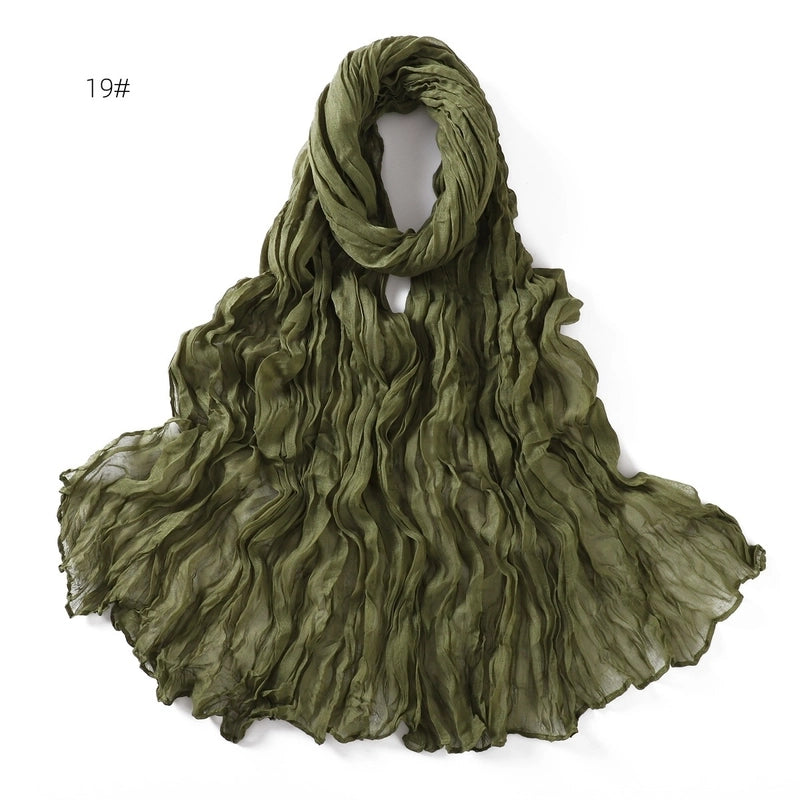 Spring And Autumn Pure Color Silk Yarn Twist Wrinkle Cotton And Linen Breathable Thin Scarf Female Cover Scarf In Stock