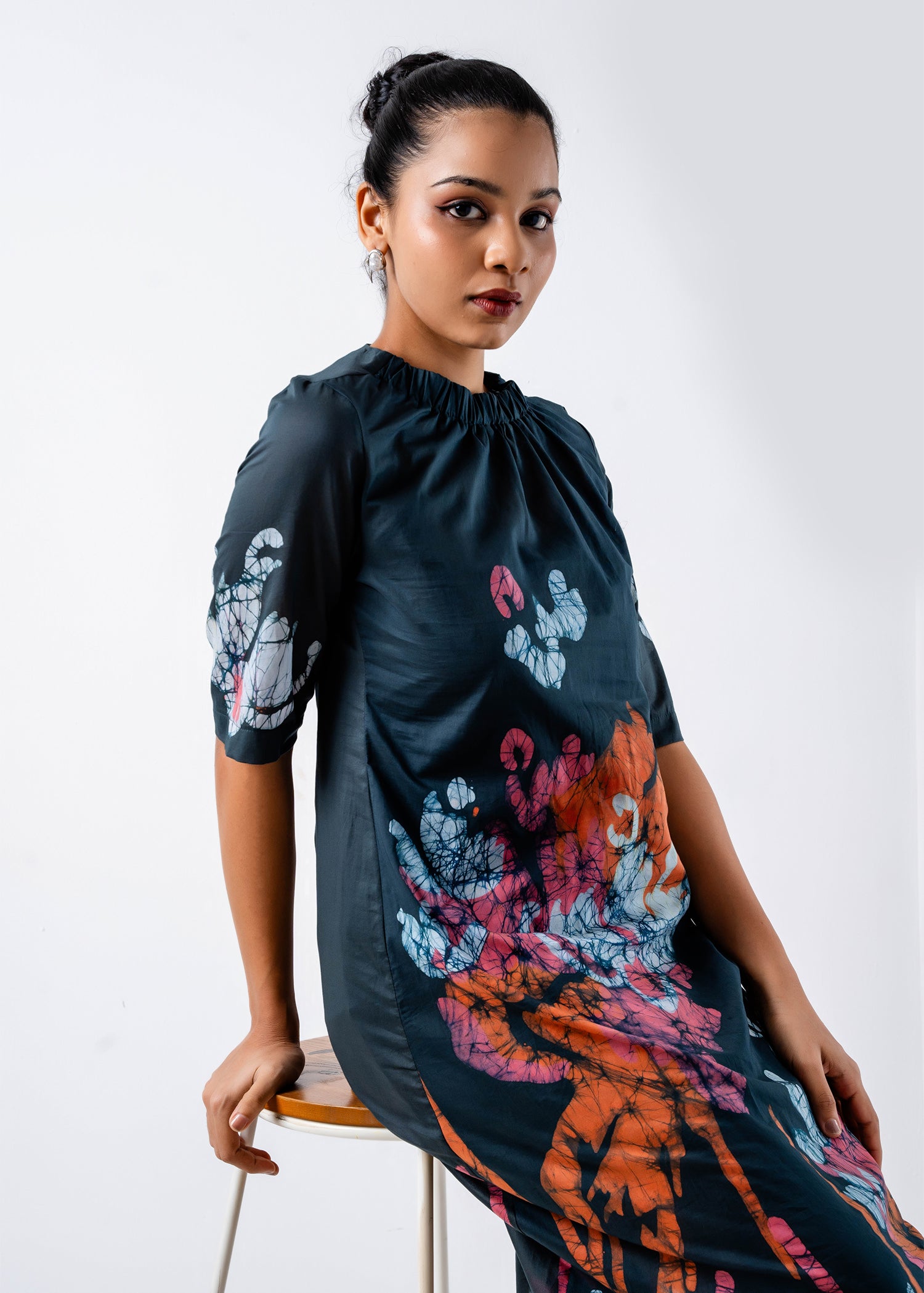 Batik Floral Elasticated High Neck Dress