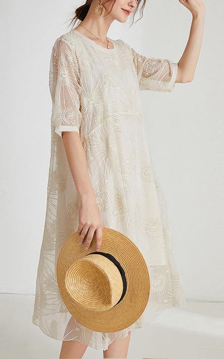 French Light Green Embroidery Chiffon Short Sleeve Summer Maxi Dresses