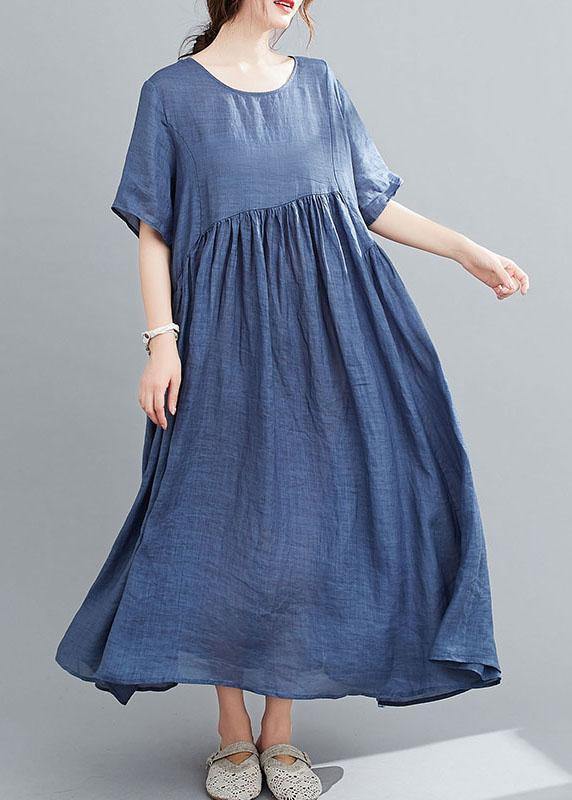 Blue Pockets Maxi Dresses Short Sleeve Summer