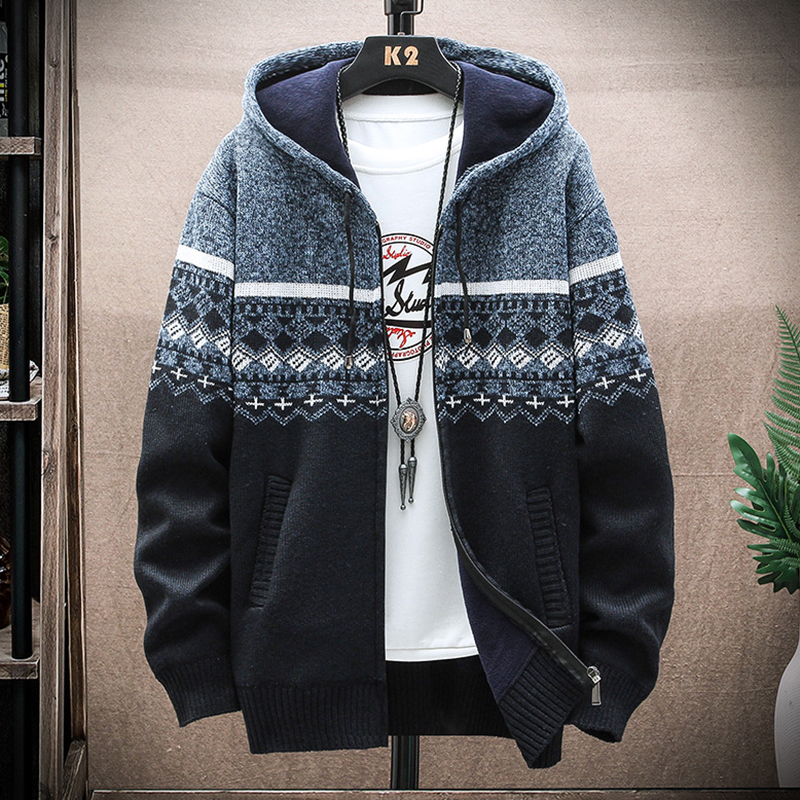 Men's Vintage Knitted Pattern Hooded Cardigan Sweater