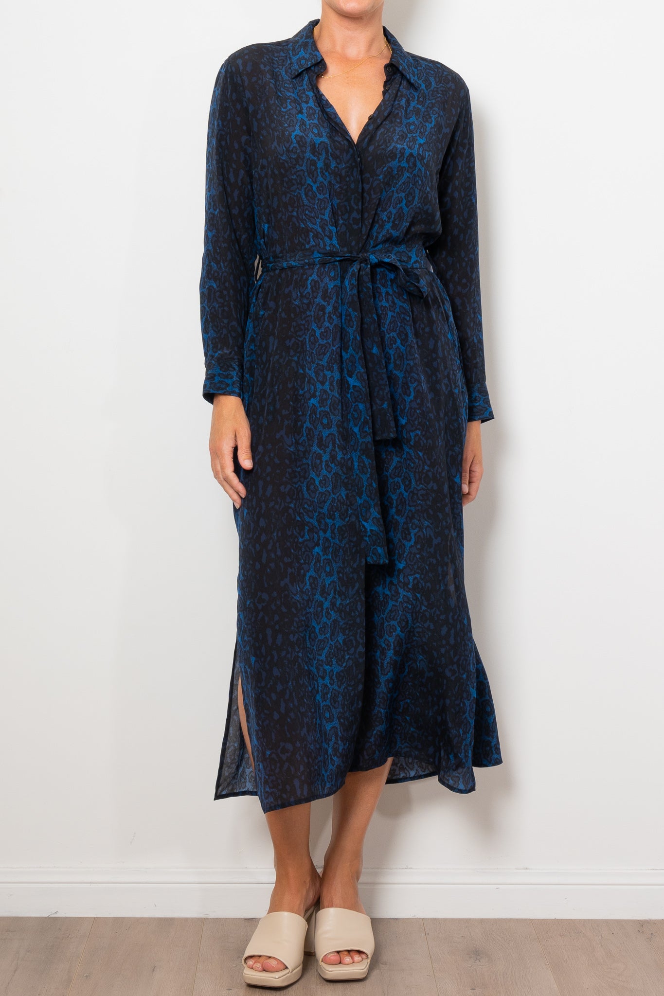 Mela Purdie Tie Shirt Dress Sapphire Leopard Silk Print