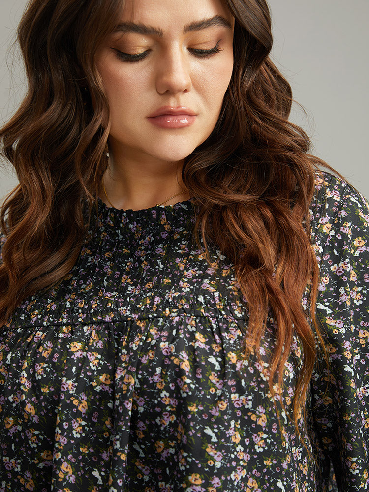 Ditsy Floral Stand Collar Pleated Blouse