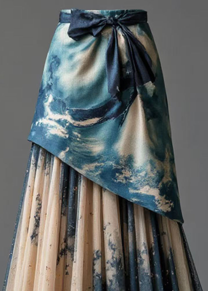Blue Print Patchwork False Two Pieces Tulle Skirt High Waist Summer