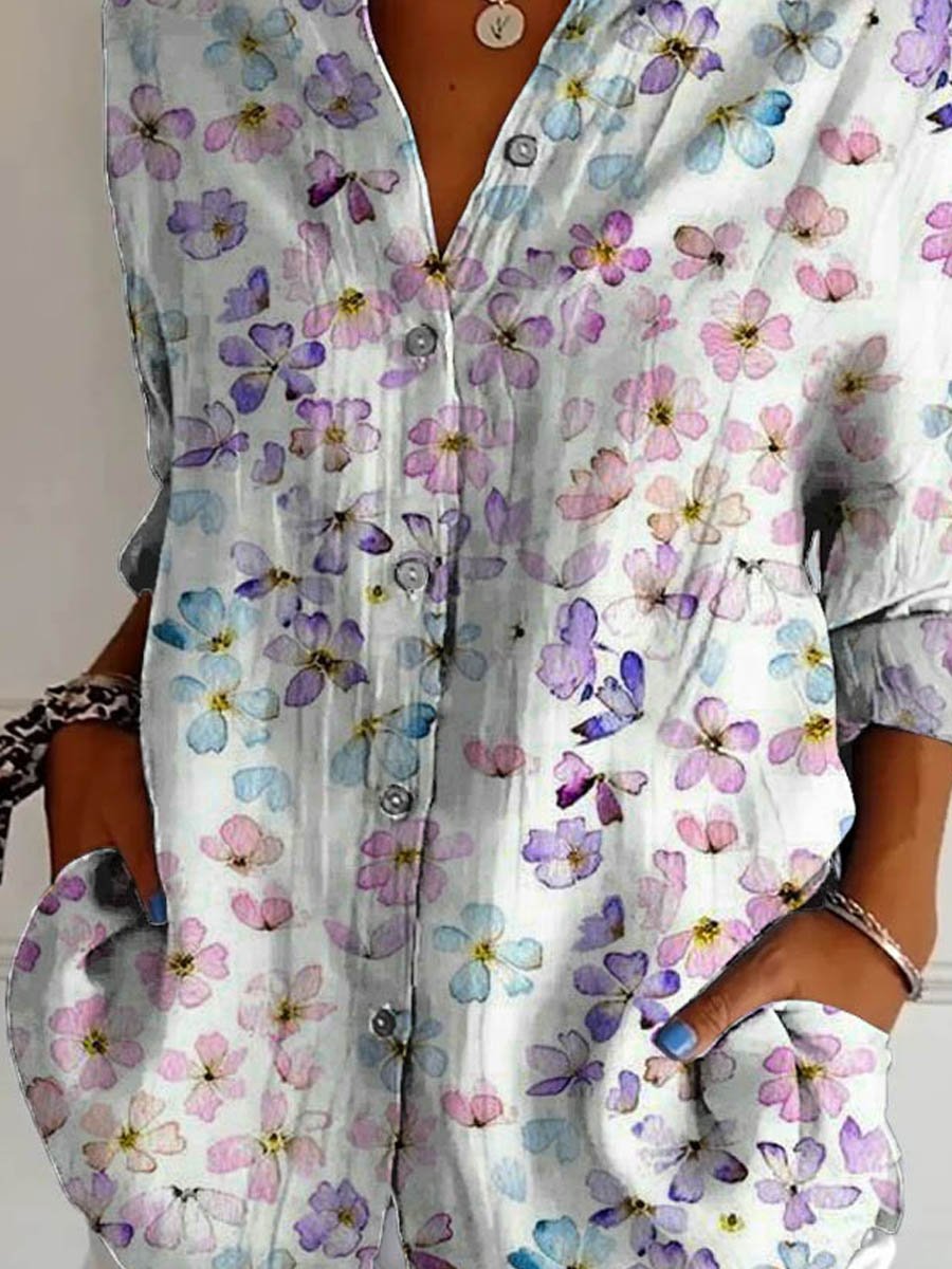 Women's Lovely Floral Breast Cancer Awareness Art Print Casual Cotton Shirt