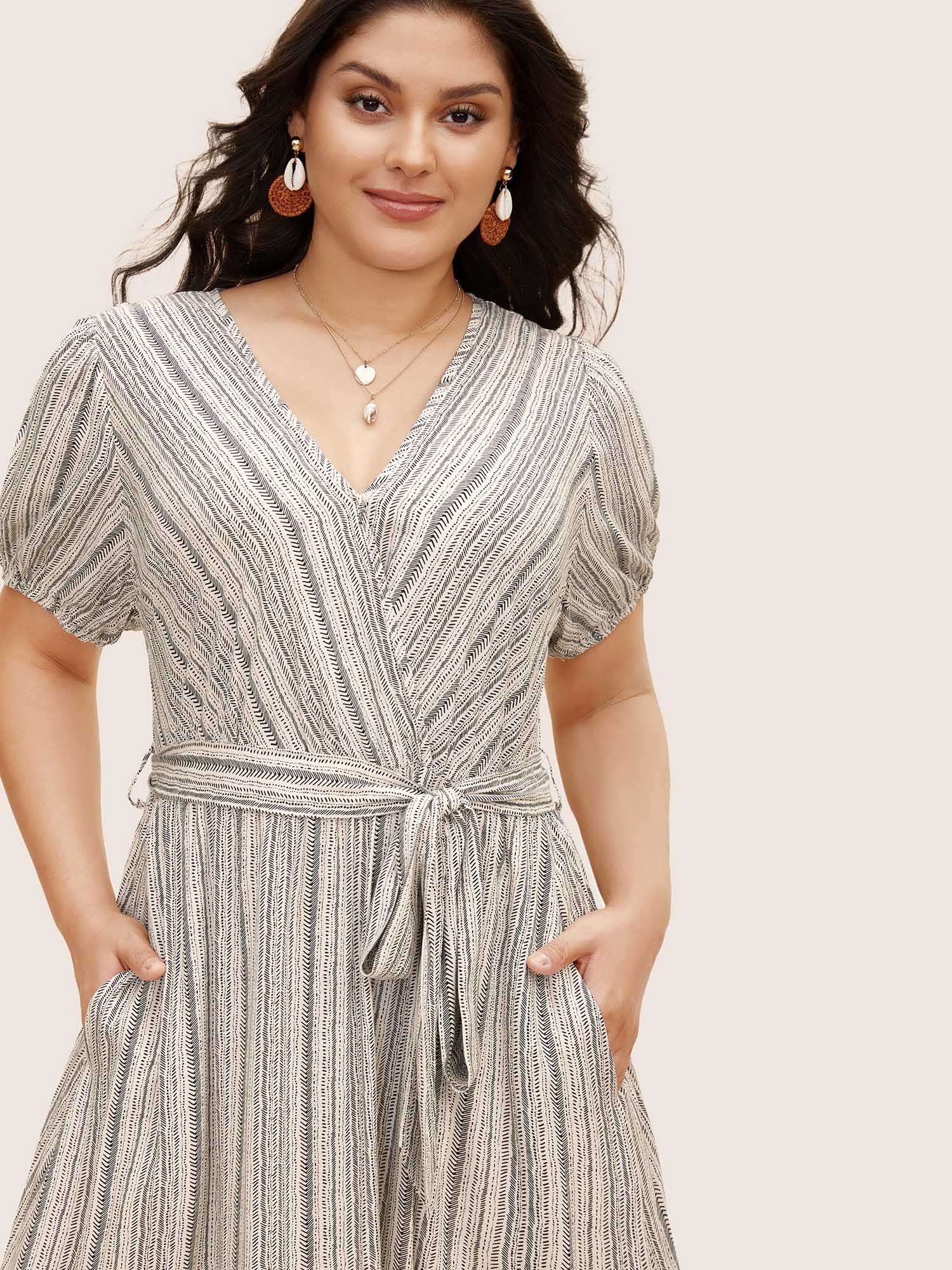 Striped Wrap Ruffle Hem Belted Dress