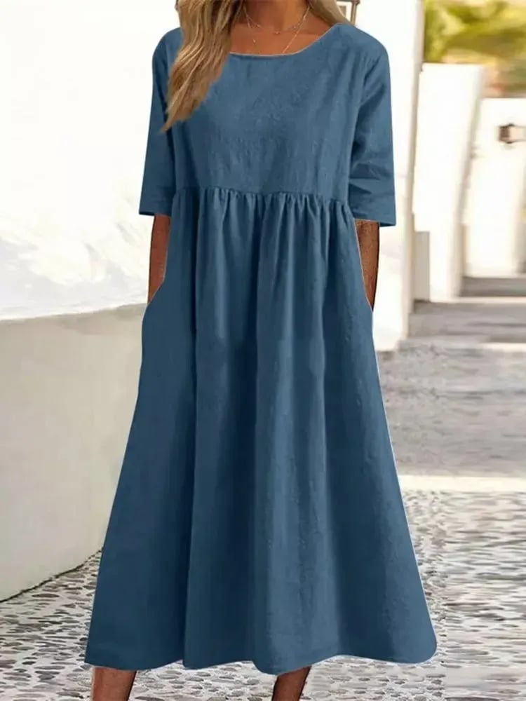 Round neck pocket halter cotton dress-Buy 2 Free Shipping