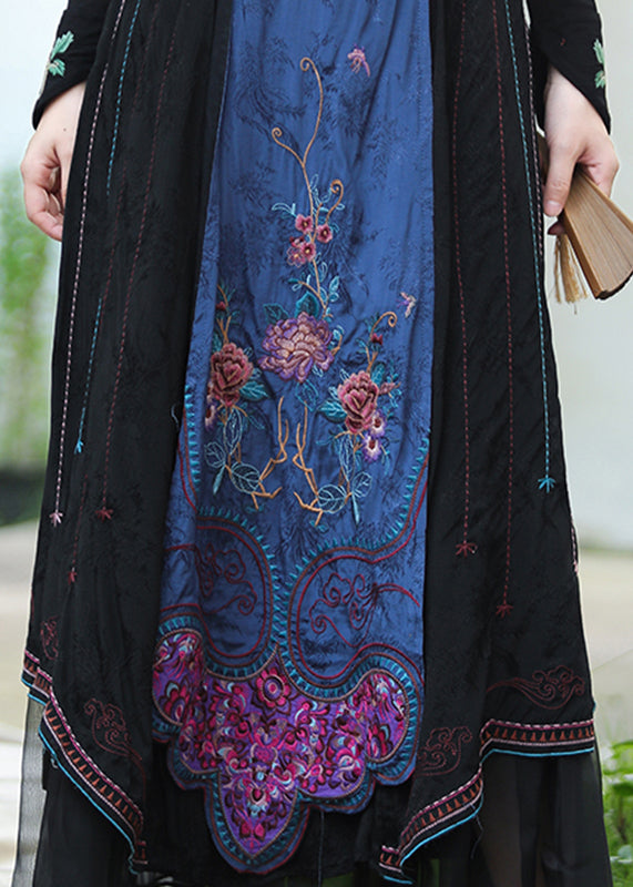 Vintage Black Embroidered Floral Tulle Patchwork Elastic Waist Linen maxi Skirts Fall