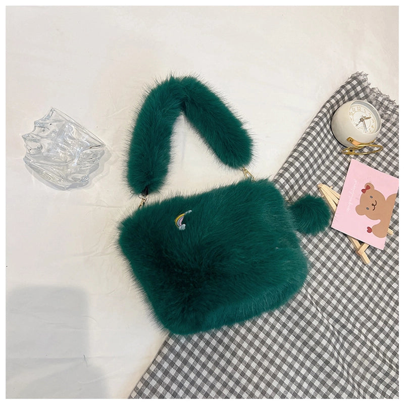 Women's Medium Plush Solid Color Vacation Classic Style Plush Chain Square Zipper Shoulder Bag