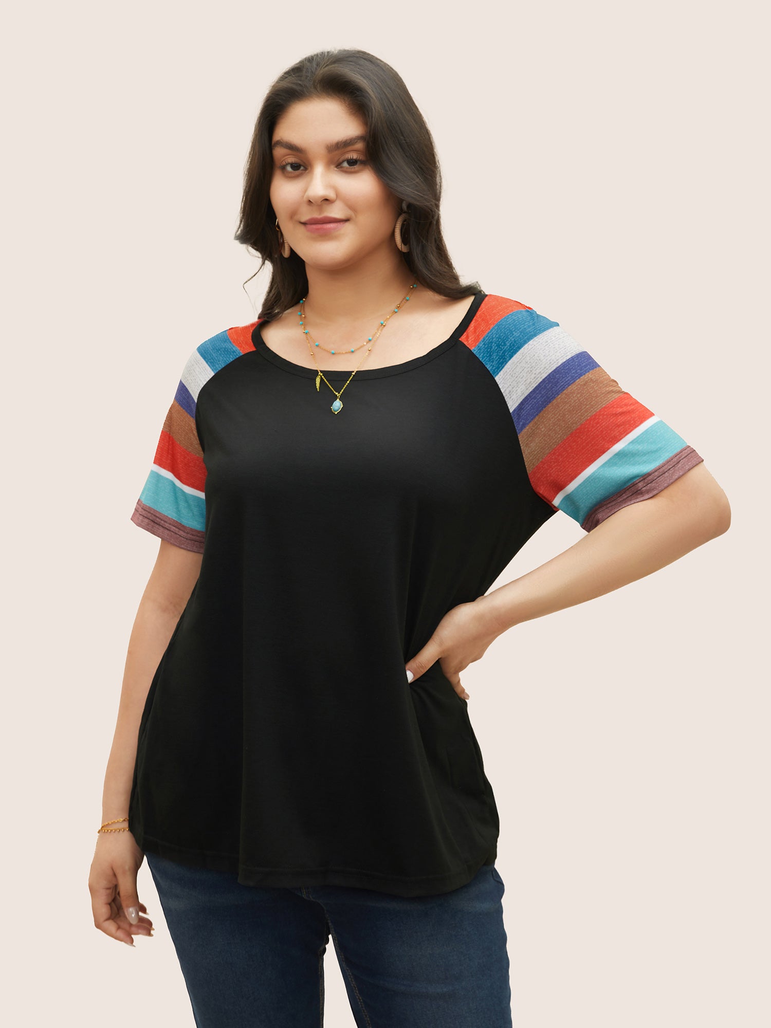 Striped Contrast Raglan Sleeve Round Neck T-shirt