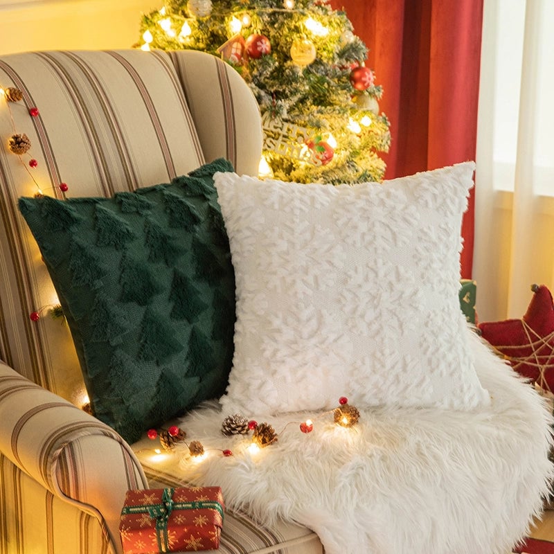 Christmas Pillow Case Plush Snowflake Christmas Tree Embroidered Hair Living Room Sofa Cushion Holiday Party Decorative Pillow Case