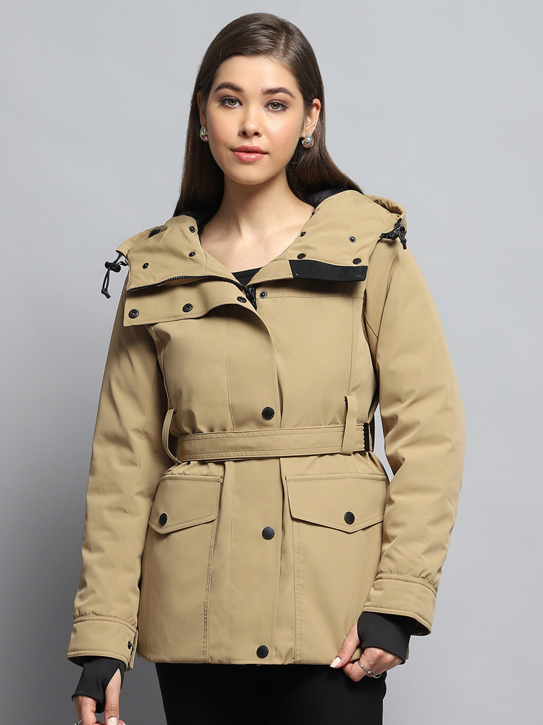 Women Khaki Solid Hooded Full Sleeve Jacket