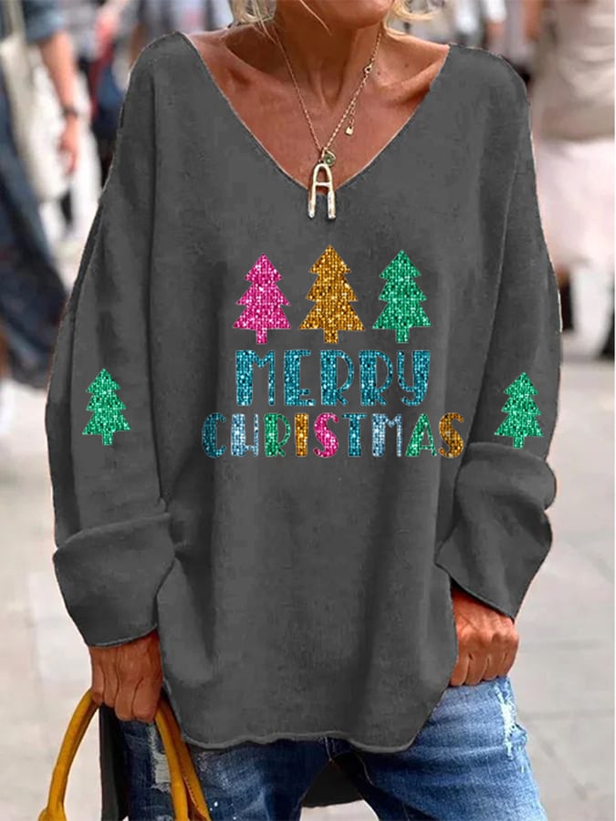 Women's Sequined Christmas Tree Print Long Sleeve T-Shirt