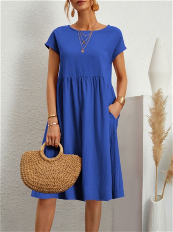 Solid Color Short Sleeve Loose Cotton Linen Pocket Midi Dress