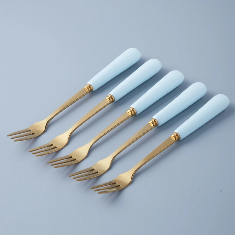 Simple Light Luxury Fruit Fork Spoon Ceramic Storage Cans Set Creative Fruit Sticks Household Stainless Steel Knife Fork Spoon